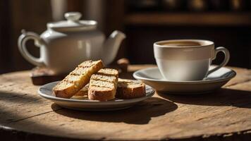 A serene tea setting with a teapot, cup of coffee, and slices of biscotti on a wooden table. photo