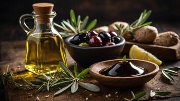 A rustic display of olive oil, olives, lemon, and ginger on a wooden surface. photo