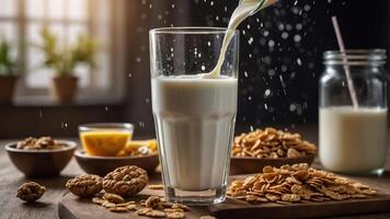 A glass of milk is being poured, surrounded by cereal, cookies, and a bowl of fruit. photo