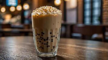 A glass of creamy bubble tea topped with tapioca pearls, set against a cozy cafe backdrop. photo