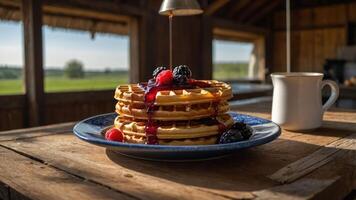 A stack of waffles topped with syrup and berries on a rustic table. photo