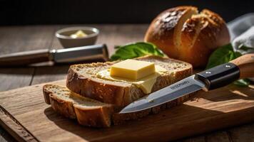 A slice of bread with butter and a knife on a wooden board, showcasing a cozy meal setting. photo