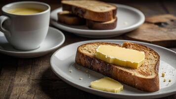 A cozy breakfast scene featuring toast with butter and a cup of warm beverage. photo