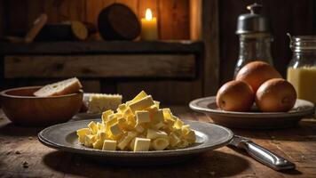A rustic table setting featuring a mound of butter, bread, apples, and cheese. photo