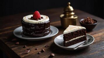 A delicious chocolate cake with a slice on a plate, garnished with cream and a raspberry. photo