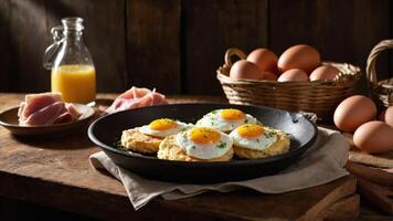 A rustic breakfast scene featuring fried eggs, ham, and fresh eggs in a cozy setting. photo