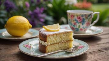 A slice of lemon cake with a lemon and tea in a floral cup, set in a garden. photo