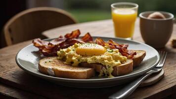 A hearty breakfast plate with eggs, bacon, toast, and juice, set on a rustic table. photo