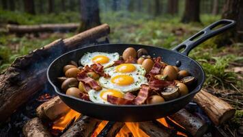 A skillet with eggs, bacon, and mushrooms cooking over a campfire in a forest setting. photo