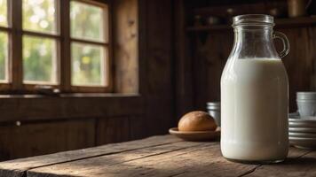 A glass milk bottle sits on a wooden table, accompanied by a bun, in a rustic setting. photo