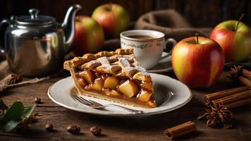 A slice of apple pie on a plate, accompanied by a teapot and cup in a cozy setting. photo