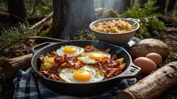 A rustic outdoor breakfast featuring eggs, bacon, and hash browns in a forest setting. photo