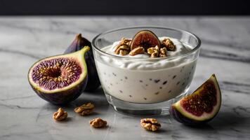 A bowl of yogurt topped with figs and walnuts, presented on a marble surface. photo