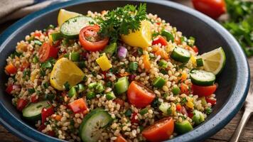 A vibrant salad featuring bulgur, tomatoes, cucumbers, and herbs, garnished with lemon. photo