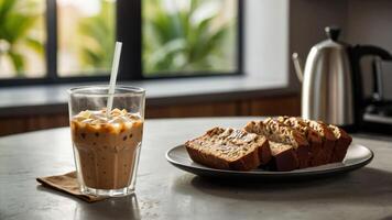 A refreshing drink and slices of bread on a table, creating a cozy breakfast scene. photo