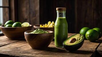 A rustic display of avocados, lime, and green smoothie in wooden bowls on a table. photo