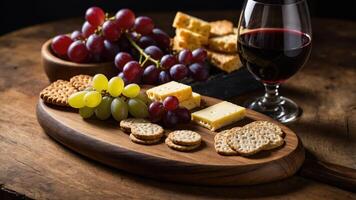 A wooden platter with cheese, crackers, grapes, and a glass of red wine for a tasting experience. photo