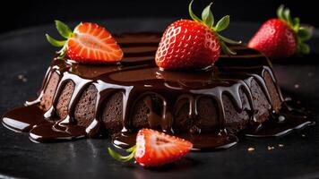 A decadent chocolate dessert topped with fresh strawberries on a dark plate. photo