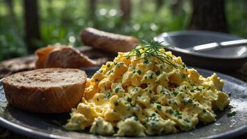 A plate of fluffy scrambled eggs with chives, accompanied by bread, set in a natural environment. photo