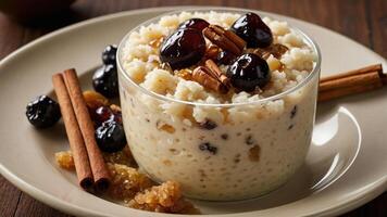 A bowl of creamy rice pudding topped with cherries, nuts, and cinnamon sticks. photo