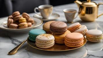 A luxurious display of colorful macarons on a marble table with tea and a teapot. photo