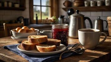 A cozy breakfast scene featuring toast, jam, eggs, and coffee in a rustic kitchen. photo