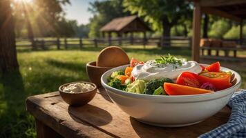 A fresh salad in a bowl on a rustic table, set in a sunny outdoor environment. photo
