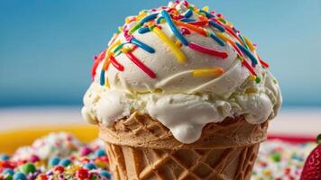 A delicious ice cream cone topped with colorful sprinkles against a bright background. photo