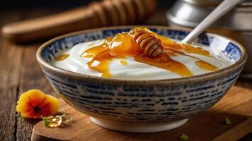 A bowl of yogurt drizzled with honey, garnished with a flower, set on a wooden table. photo