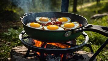 A skillet with fried eggs and bacon cooking over an open fire in a natural setting. photo