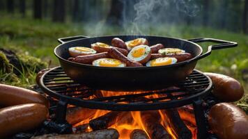 A skillet with sausages and eggs cooking over a campfire in a forest setting. photo