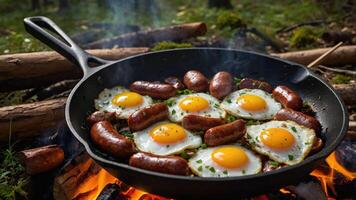 A skillet with fried eggs and sausages cooking over an open fire in a forest setting. photo