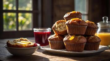 A cozy breakfast scene featuring muffins, jam, and juice, highlighting a warm, inviting atmosphere. photo