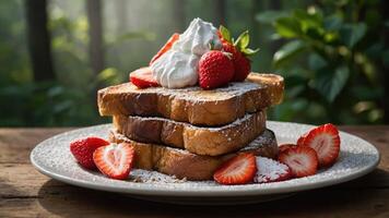 A delicious stack of French toast topped with whipped cream and strawberries, served on a plate. photo