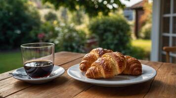 A serene breakfast scene featuring croissants and coffee on a wooden table in a garden setting. photo