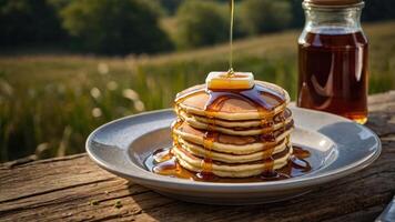 A stack of pancakes drizzled with syrup and topped with butter, set in a natural outdoor setting. photo