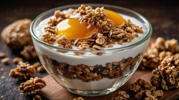 A bowl of yogurt topped with granola and egg yolks, showcasing a nutritious breakfast option. photo