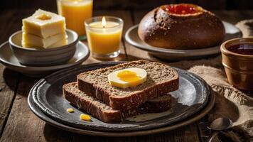 A rustic breakfast scene featuring bread, butter, and beverages on a wooden table. photo