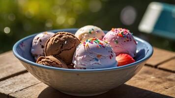 A bowl filled with various ice cream scoops topped with colorful sprinkles. photo