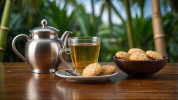 A serene setting featuring tea and cookies, perfect for relaxation. photo