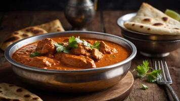 A bowl of creamy chicken curry with naan bread on a rustic wooden table. photo