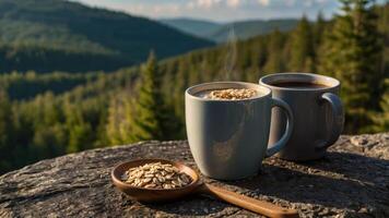 Two steaming mugs of coffee and a bowl of oats on a stone ledge overlooking a lush forest. photo