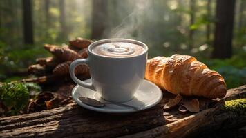 A steaming cup of coffee beside a croissant in a serene forest setting. photo