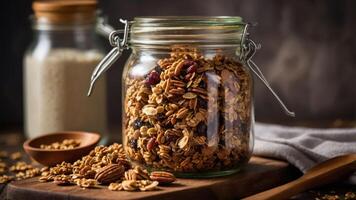 A jar filled with granola and nuts, with a rustic background and additional ingredients nearby. photo