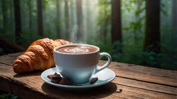A cozy scene featuring a steaming cup of coffee, a croissant, and chocolate in a forest setting. photo