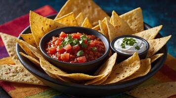 A bowl of tortilla chips surrounding salsa and sour cream, perfect for snacking or sharing. photo
