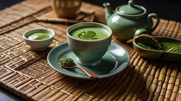 A serene tea setup featuring matcha in a traditional setting. photo