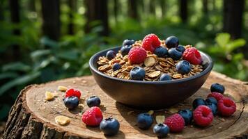 A bowl of granola topped with blueberries and raspberries on a tree stump in a natural setting. photo