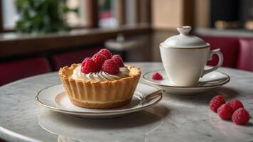 A delicious raspberry tart served with a cup of tea on a marble table. photo