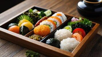 A beautifully arranged sushi bento box featuring various sushi types and colorful accompaniments. photo